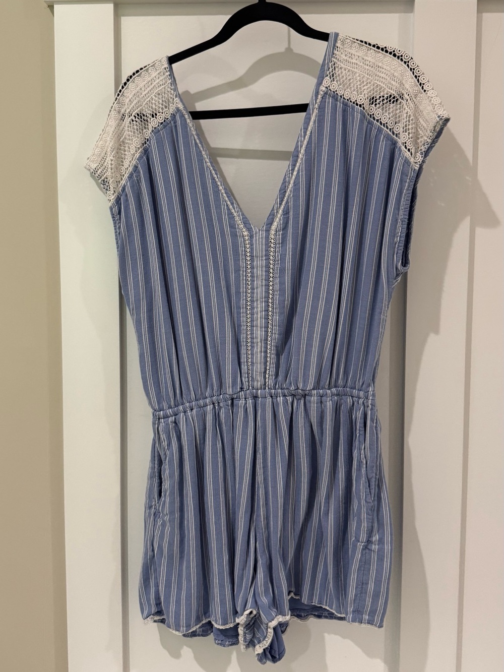 Abercrombie & Fitch Blue Striped Romper with Lace Detail